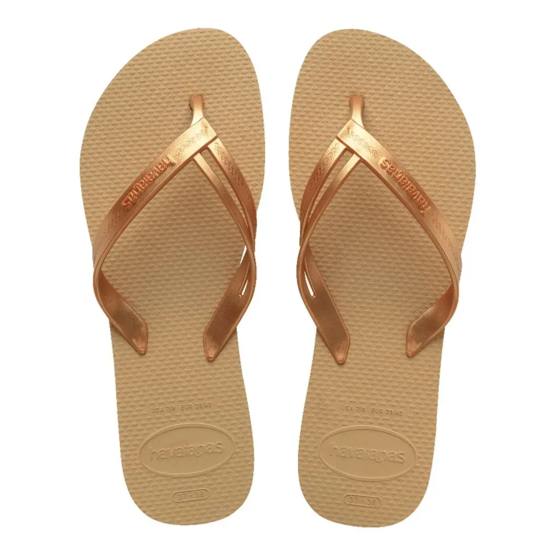 Chinelo feminino Havaianas Elegance dourado com tiras finas e sola antiderrapante